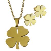 Fashion Stainless Steel Jewelry Sets, Stud Earring & necklace, Four Leaf Clover, gold color plated, oval chain & for woman 1.5mm Approx 18 Inch 
