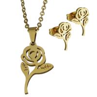 Fashion Stainless Steel Jewelry Sets, Stud Earring & necklace, Flower, gold color plated, oval chain & for woman 1.5mm Approx 17.5 Inch 