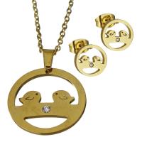 Rhinestone stainless steel Jewelry Set, Stud Earring & necklace, gold color plated, oval chain & for woman & with rhinestone 1.5mm Approx 17.5 Inch 