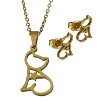 Parures de bijoux en acier inoxydable, Boucle d’oreille stud & collier, chat, Placage de couleur d'or, chaîne ovale & pour femme 1.5mm Environ 17.5 pouce, Vendu par fixé