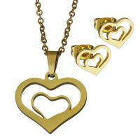 Fashion Stainless Steel Jewelry Sets, Stud Earring & necklace, Heart, gold color plated, oval chain & for woman 1.5mm Approx 17.5 Inch 