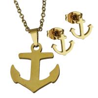 Fashion Stainless Steel Jewelry Sets, Stud Earring & necklace, Anchor, gold color plated, oval chain & for woman 1.5mm Approx 17.5 Inch 