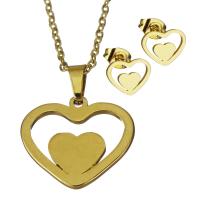 Fashion Stainless Steel Jewelry Sets, Stud Earring & necklace, Heart, gold color plated, oval chain & for woman 1.5mm Approx 17.5 Inch 