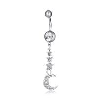 brass piercing barbell, metal, Luna y estrella, chapado en platina real, micro arcilla de zirconia cúbica & para mujer, 11x55mm, Vendido por UD