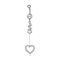 Brass Piercing Barbell, with 316L Stainless Steel, Heart, platinum plated, micro pave cubic zirconia & for woman & hollow 