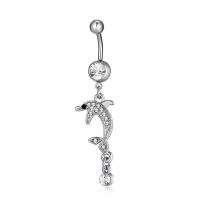 Brass Piercing Barbell, with 316L Stainless Steel, Dolphin, platinum plated, hypo allergic & micro pave cubic zirconia & for woman 