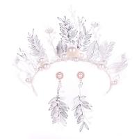 Wedding Jewelry Set, Zinc Alloy, crown & earring, with ABS Plastic Pearl, silver color plated, fashion jewelry & for woman 90mm 