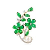 Messing Brosche, mit ABS-Kunststoff-Perlen & Kristall, Blume, goldfarben plattiert, Micro pave Zirkonia & für Frau, grün, 37x53mm, verkauft von PC