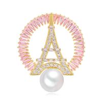 Brass Brooch, with ABS Plastic Pearl, gold color plated, micro pave cubic zirconia & for woman 