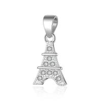 Cubic Zirconia Micro Pave Sterling Silver Pendant, Brass, Eiffel Tower, silver color plated, micro pave cubic zirconia 