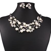 Rhinestone Zinc Alloy Jewelry Set, Stud Earring & necklace, with Plastic Pearl, plated, 2 pieces & for woman & with rhinestone 
