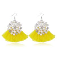 Zinc Alloy Tassel Earring, with Cotton Thread & Plastic Pearl, plated, for woman & with rhinestone 