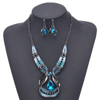 Rhinestone Zinc Alloy Jewelry Set, earring & necklace, with Glass, plated, 2 pieces & for woman & with rhinestone, blue 