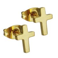 Edelstahl Stud Ohrring, Kreuz, goldfarben plattiert, für Frau, 6.5x9mm, 12PaarePärchen/Menge, verkauft von Menge