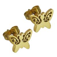 Edelstahl Stud Ohrring, Schmetterling, goldfarben plattiert, für Frau, 9.5x7.5mm, 12PaarePärchen/Menge, verkauft von Menge