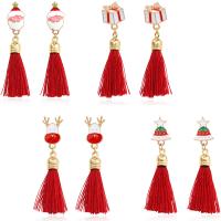 Zinc Alloy Tassel Earring, with Cotton Thread, gold color plated & for woman & enamel & with rhinestone, red 