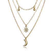 Rhinestone Zinc Alloy Necklace, Moon and Star, gold color plated, three layers & Adjustable & for woman & with rhinestone, 420mm 