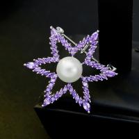 Brass Brooch, with Cubic Zirconia & Plastic Pearl, plated, fashion jewelry & for woman, 36*32mm 