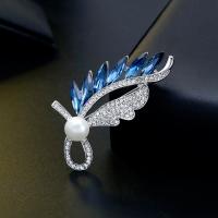 Brass Brooch, with Cubic Zirconia & Plastic Pearl, plated, for woman & enamel, blue, 62*30mm 