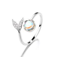 925 Sterling Silver Cuff Finger Ring, with Moonstone, Mermaid tail, micro pave cubic zirconia & for woman, silver color 0c5mm, US Ring 