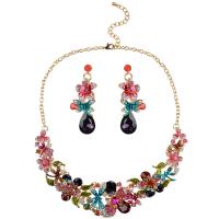 Rhinestone Zinc Alloy Jewelry Set, earring & necklace, with 7cm extender chain, gold color plated, for woman & with rhinestone, multi-colored Approx 20.48 Inch 