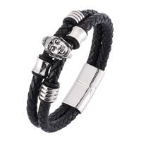 Stainless Steel Chain Bracelets, with PU Leather, Double Layer & Buddhist jewelry & Unisex black, 12mm 