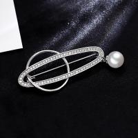 Brass Brooch, with Cubic Zirconia & Plastic Pearl, plated, for woman, silver color, 55*21mm 