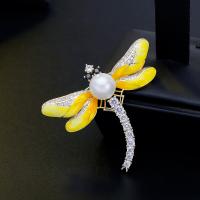 Brass Brooch, with Cubic Zirconia & Plastic Pearl, Dragonfly, plated, for woman & enamel, 47*42mm 