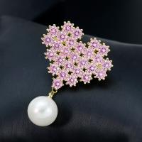 Brass Brooch, with Cubic Zirconia & Plastic Pearl, plated, for woman, pink, 44*30mm 