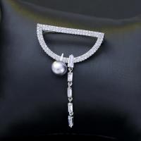 Brass Brooch, with Cubic Zirconia & Plastic Pearl, plated, for woman, silver color, 50*34mm 
