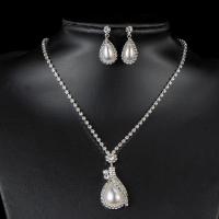 Rhinestone Zinc Alloy Jewelry Set, earring & necklace, with Plastic Pearl, plated, 2 pieces & for woman & with rhinestone 