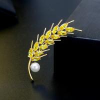 Brass Brooch, with Cubic Zirconia & Plastic Pearl, Wheat, plated, for woman, 57*22mm 
