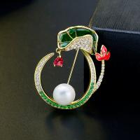 Brass Brooch, with Cubic Zirconia & Plastic Pearl, plated, for woman & enamel, 32*41mm 