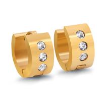 Stainless Steel Huggie Hoop Earring, gold color plated, for woman & with rhinestone, 9mm, 7mm 