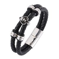 Titanium Steel Bracelet, with Split Layer Cowhide Leather, Double Layer & punk style & Unisex black, 6mmX2 