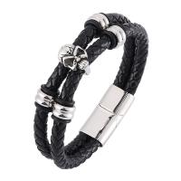 Titanium Steel Bracelet, with Split Layer Cowhide Leather, Double Layer & punk style & Unisex black, 6mmx2 