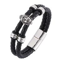 Stainless Steel Chain Bracelets, with Split Layer Cowhide Leather, Double Layer & Buddhist jewelry & Unisex black, 6mmx2 