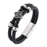 Stainless Steel Chain Bracelets, with Split Layer Cowhide Leather, Double Layer & Unisex black, 6mmx2 