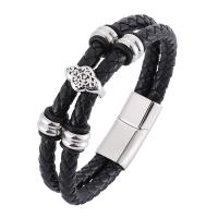 Stainless Steel Chain Bracelets, with Split Layer Cowhide Leather, Double Layer & Unisex black, 6mmx2 