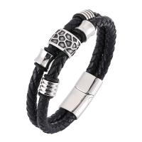 Stainless Steel Chain Bracelets, with Split Layer Cowhide Leather, stoving varnish, Double Layer & punk style & Unisex black, 6mmx2 