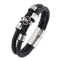 Stainless Steel Chain Bracelets, with PU Leather, Double Layer & Unisex black, 6mmx2 