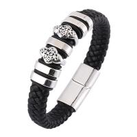 Bracelets en acier inoxydable, avec Cuir, unisexe & normes différentes pour le choix, noire, 12mm, Vendu par PC