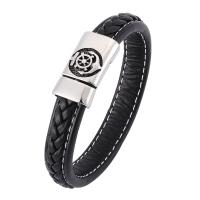 Stainless Steel Chain Bracelets, with PU Leather, fashion jewelry & Unisex black, 12mm 