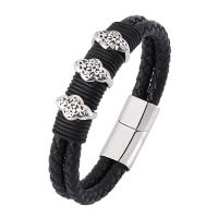 Bracelets en acier inoxydable, avec cuir PU, Double couche & bijoux de mode & unisexe & normes différentes pour le choix, noire, 6mmx2, Vendu par PC