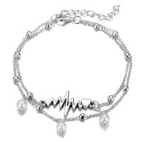 Zinc Alloy Anklet, with Plastic Pearl, silver color plated, Double Layer & Adjustable & for woman, 220mm 