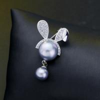 Brass Brooch, with Cubic Zirconia & Plastic Pearl, plated, for woman, silver color, 46*20mm 