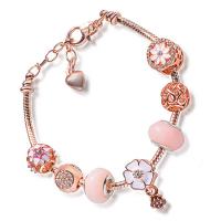 Brass Chain European Bracelets, with Lampwork & Zinc Alloy, rose gold color plated, for woman & enamel & with rhinestone Approx 7.29 Inch 