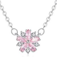 Cubic Zircon Micro Pave Brass Necklace, with 5cm extender chain, Flower, silver color plated, oval chain & micro pave cubic zirconia & for woman, pink Approx 17.72 Inch 
