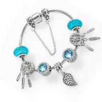 Brass Chain European Bracelets, with Lampwork & Zinc Alloy, silver color plated, for woman & with rhinestone, blue Approx 7.49 Inch 