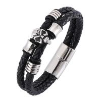 Stainless Steel Chain Bracelets, with Leather, Double Layer & punk style & Unisex 6mmx2 
